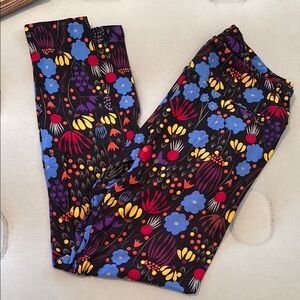 LuLaRoe Black Leggings with Blue and Yellow Floral Pattern
